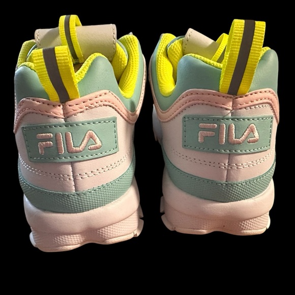 New, Fila Disruptor II Premium (Big Kid) White/Safety Yellow/Blue, Size 6 - Picture 4 of 14